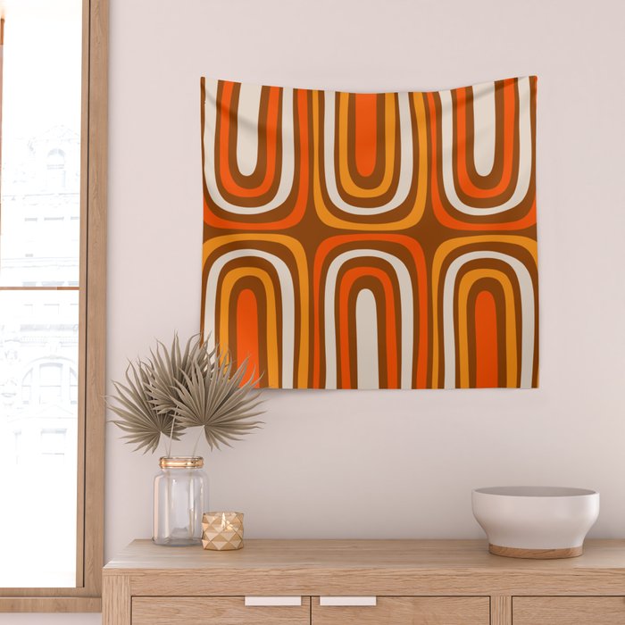 Midcentury Modern Confaab Abstract Pattern in Retro 70s Light Brown and Orange Wall Tapestry Gallery Image 2