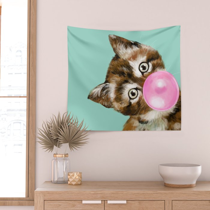 Bubble Gum Baby Cat in Green Wall Tapestry Gallery Image 2