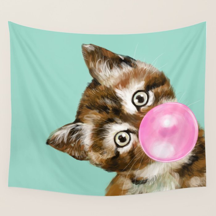 Bubble Gum Baby Cat in Green Wall Tapestry Gallery Image 4
