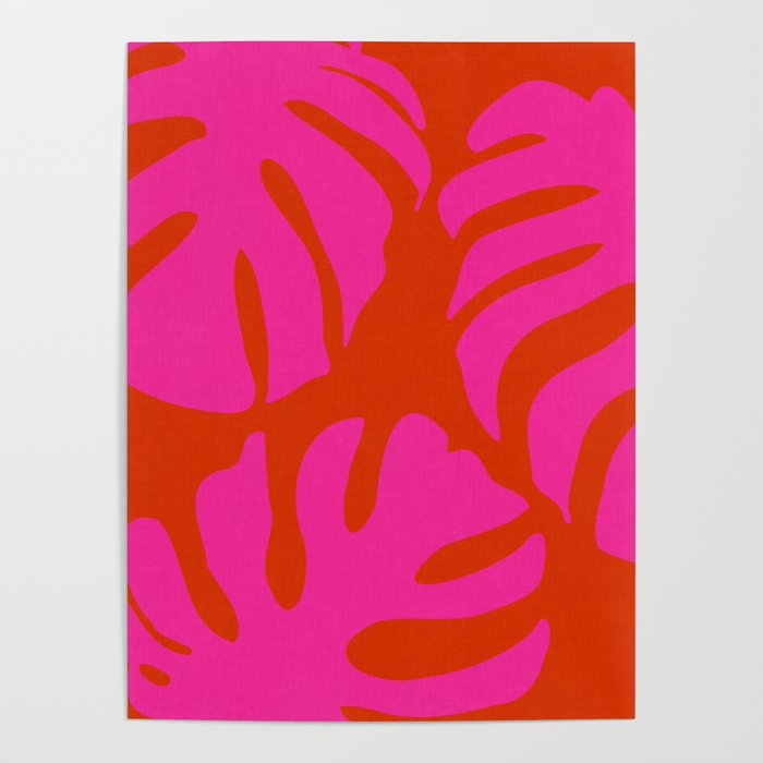 monstera pink orange minimal cut out summer Poster Gallery Image 1