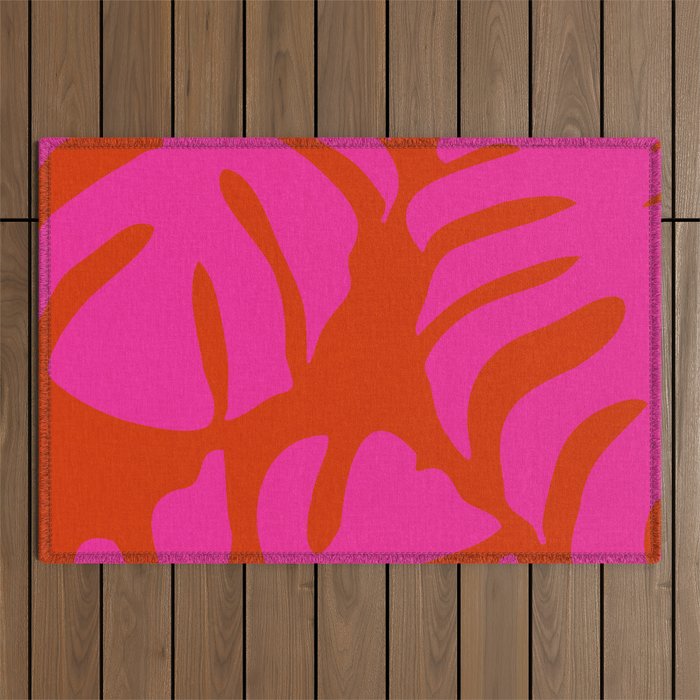 monstera pink orange minimal cut out summer Outdoor Rug Gallery Image 1