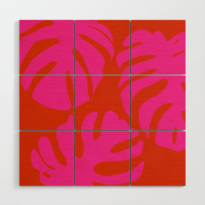 monstera pink orange minimal cut out summer Wood Wall Art Gallery Image 1