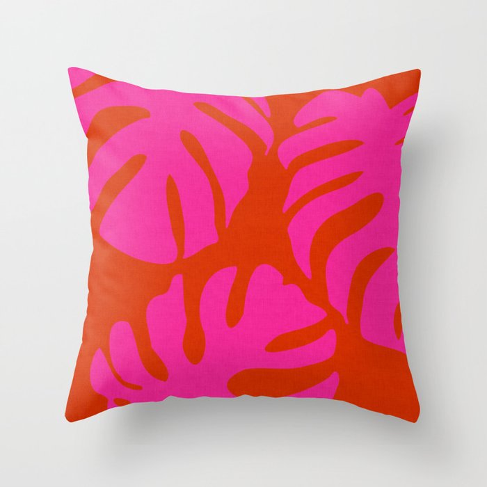 monstera pink orange minimal cut out summer Throw Pillow Gallery Image 1