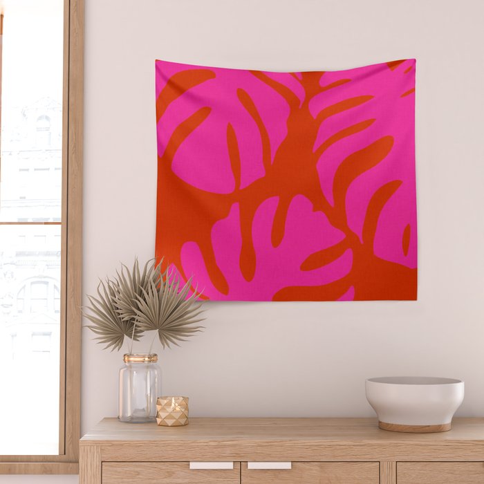 monstera pink orange minimal cut out summer Wall Tapestry Gallery Image 2