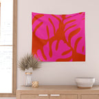 monstera pink orange minimal cut out summer Wall Tapestry Gallery Image 2
