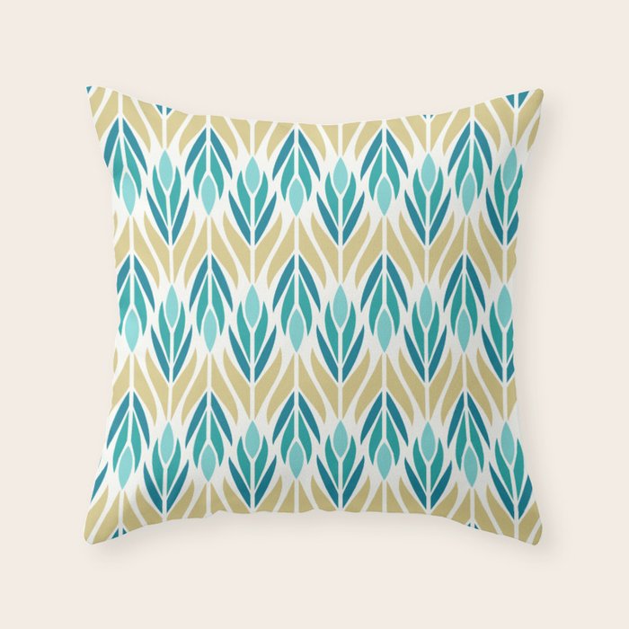 Mid Century Modern Abstract Floral Pattern in Turquoise Teal Aqua and Marigold Throw Pillow Gallery Image 1