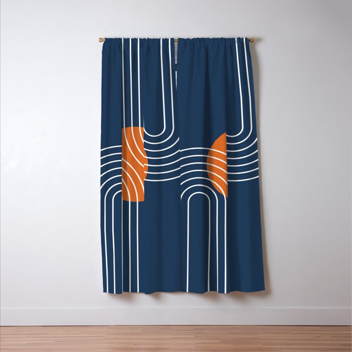 Mid Century Modern Geometric 133 in Navy Blue and vintage orange (Sun and Rainbow Abstract) Window Curtain Gallery Image 3