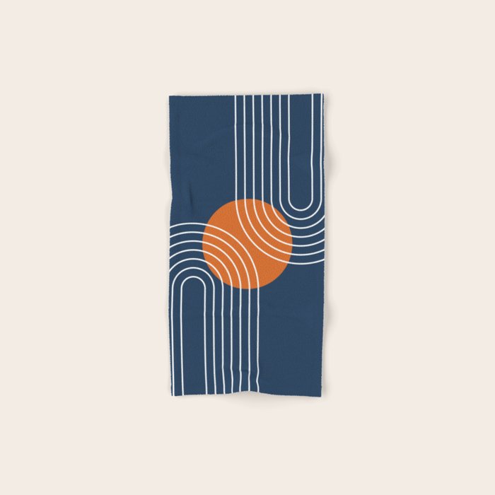 Mid Century Modern Geometric 133 in Navy Blue and vintage orange (Sun and Rainbow Abstract) Bath Towel Gallery Image 1
