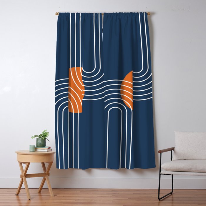 Mid Century Modern Geometric 133 in Navy Blue and vintage orange (Sun and Rainbow Abstract) Window Curtain Gallery Image 1