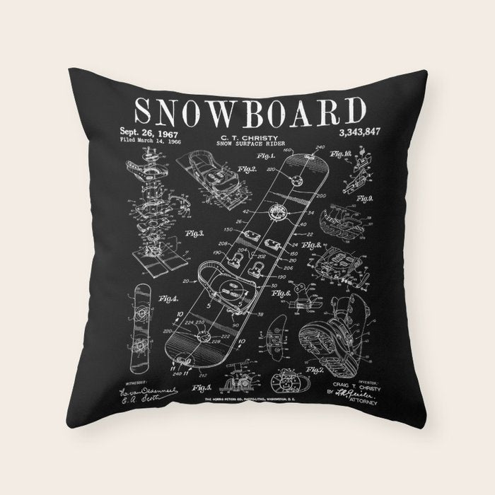Snowboard Winter Snowboarding Vintage Patent Drawing Print Throw Pillow Gallery Image 6