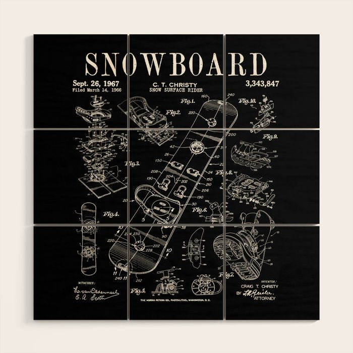 Snowboard Winter Snowboarding Vintage Patent Drawing Print Wood Wall Art Gallery Image 1