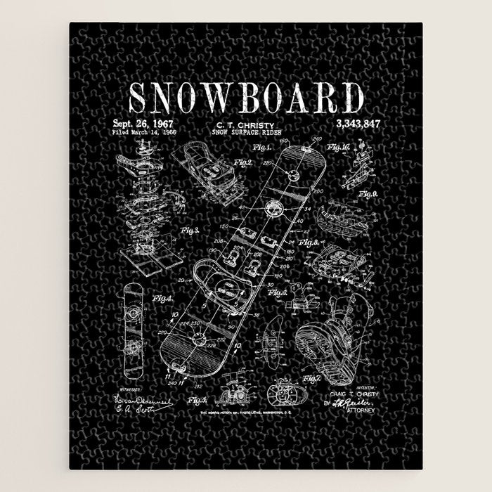 Snowboard Winter Snowboarding Vintage Patent Drawing Print Jigsaw Puzzle Gallery Image 1