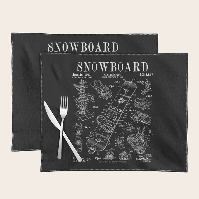Snowboard Winter Snowboarding Vintage Patent Drawing Print Placemat Gallery Image 1