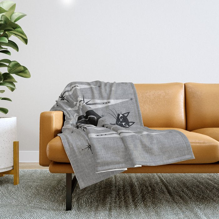 Mid Century Meow Atomic Cats on Cool Gray ©studioxtine Throw Blanket Gallery Image 1