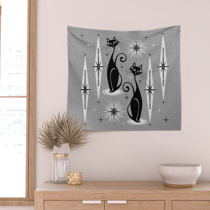 Mid Century Meow Atomic Cats on Cool Gray ©studioxtine Wall Tapestry Gallery Image 2