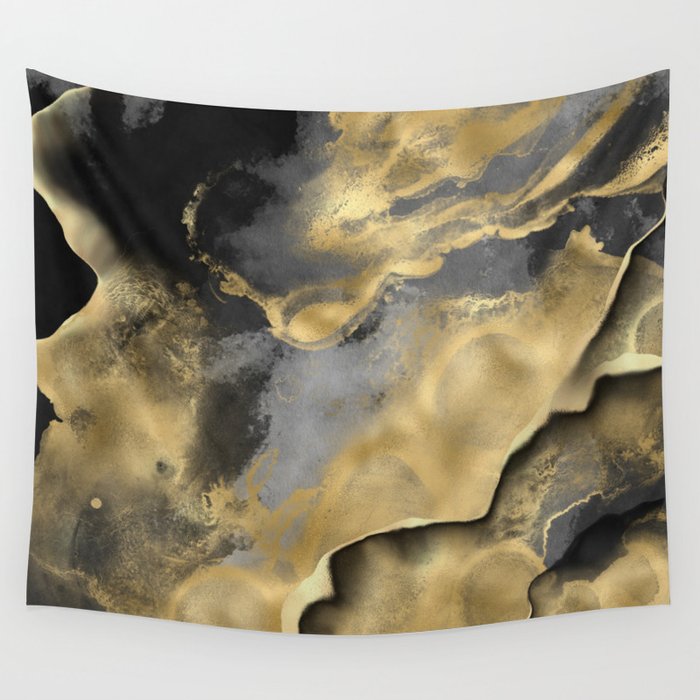 Gold and Black Modern Abstract Art Print Wall Tapestry Gallery Image 1