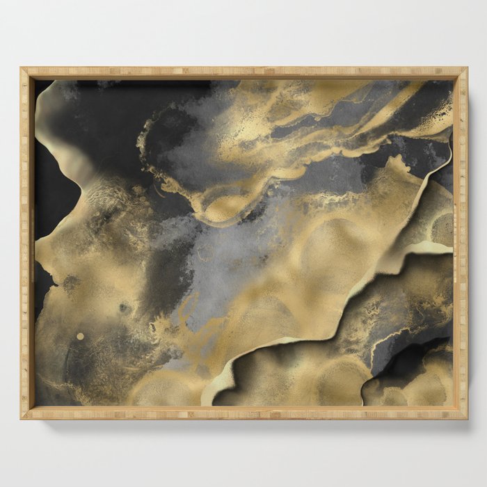 Gold and Black Modern Abstract Art Print Serving Tray Gallery Image 1