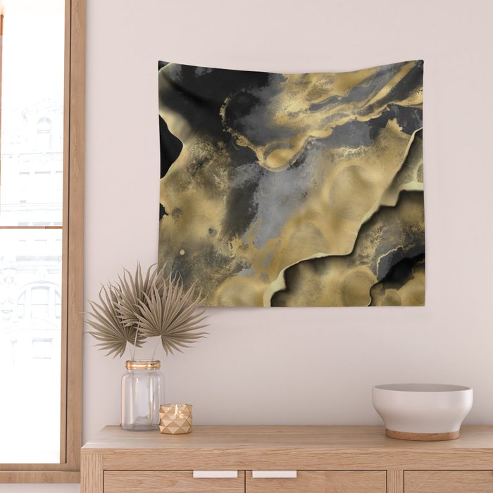 Gold and Black Modern Abstract Art Print Wall Tapestry Gallery Image 2