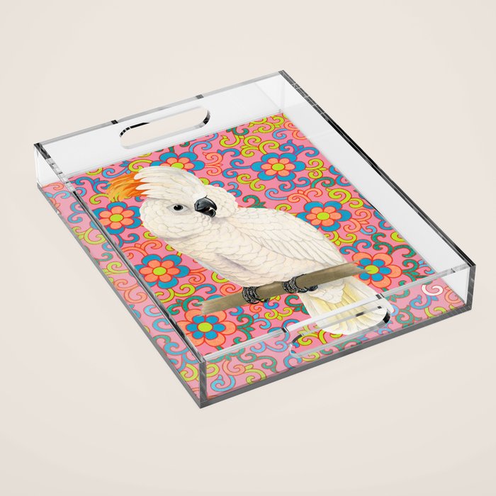 Funky Vintage Cockatoo on Retro Dopamine Floral Pattern Acrylic Tray Gallery Image 1
