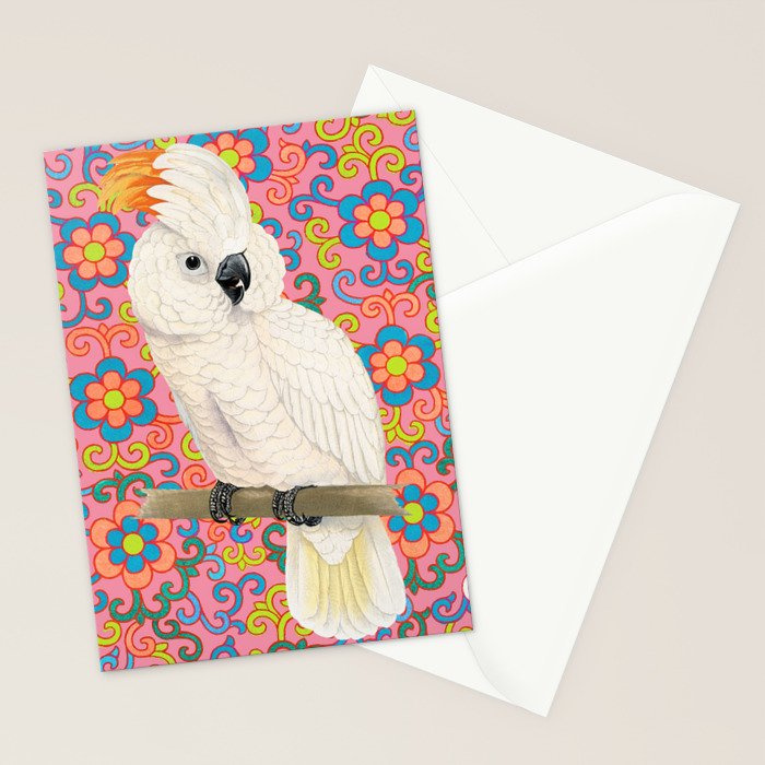 Funky Vintage Cockatoo on Retro Dopamine Floral Pattern Stationery Card Gallery Image 2