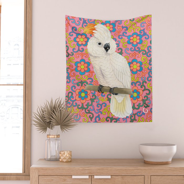 Funky Vintage Cockatoo on Retro Dopamine Floral Pattern Wall Tapestry Gallery Image 2