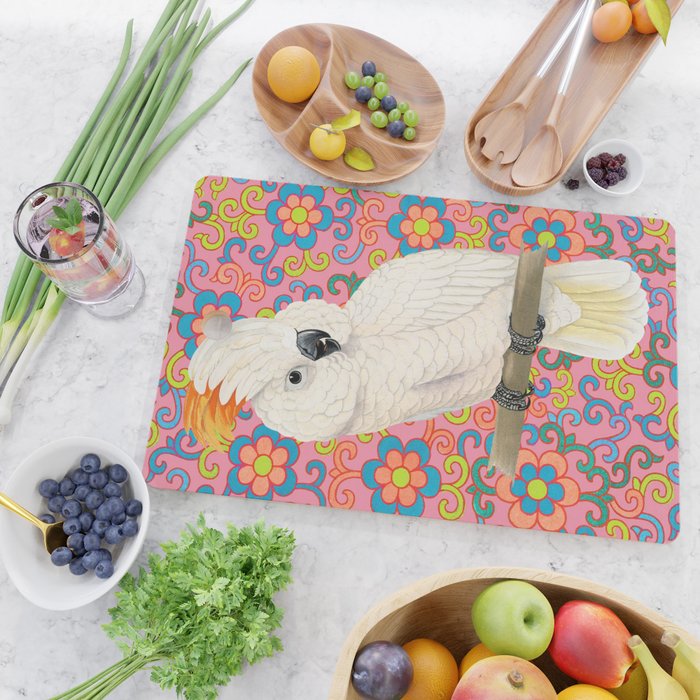 Funky Vintage Cockatoo on Retro Dopamine Floral Pattern Cutting Board Gallery Image 2