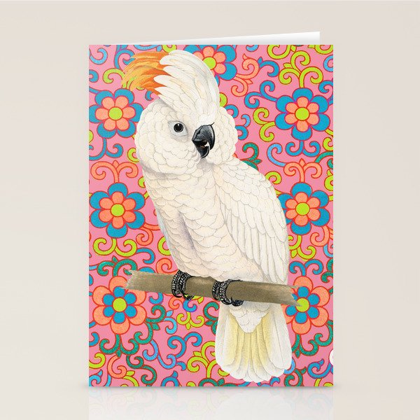 Funky Vintage Cockatoo on Retro Dopamine Floral Pattern Stationery Card Gallery Image 2