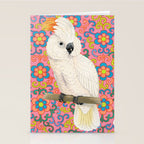 Funky Vintage Cockatoo on Retro Dopamine Floral Pattern Stationery Card Gallery Image 2