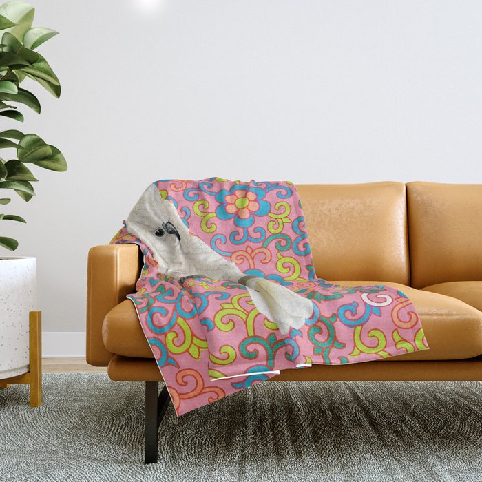 Funky Vintage Cockatoo on Retro Dopamine Floral Pattern Throw Blanket Gallery Image 1