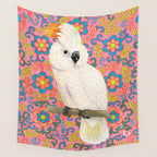 Funky Vintage Cockatoo on Retro Dopamine Floral Pattern Wall Tapestry Gallery Image 4
