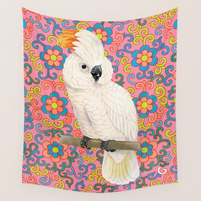 Funky Vintage Cockatoo on Retro Dopamine Floral Pattern Wall Tapestry Gallery Image 4