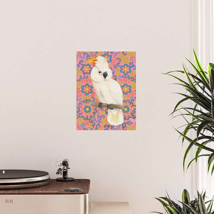 Funky Vintage Cockatoo on Retro Dopamine Floral Pattern Poster Gallery Image 2