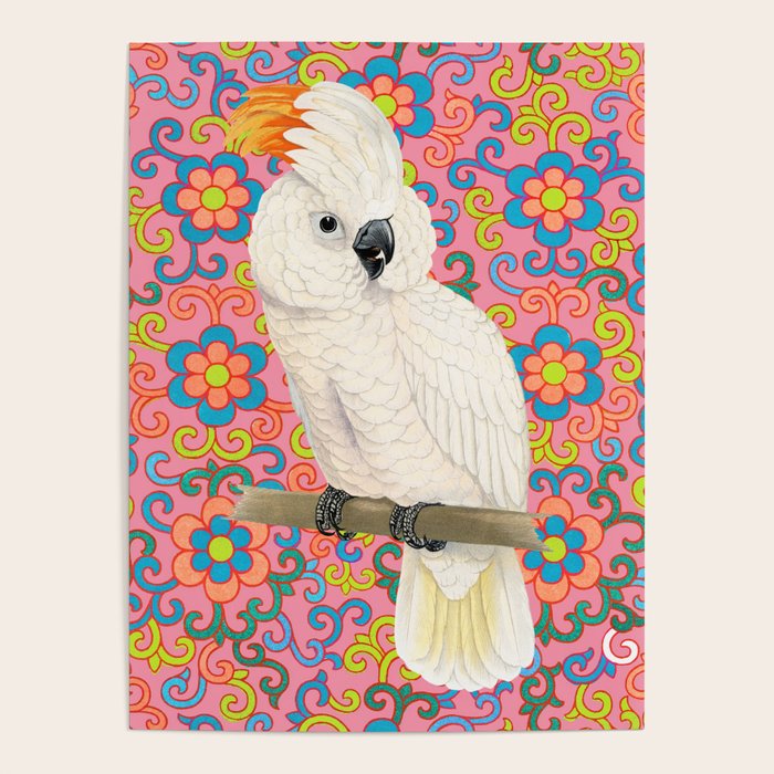 Funky Vintage Cockatoo on Retro Dopamine Floral Pattern Poster Gallery Image 4