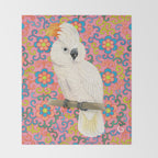 Funky Vintage Cockatoo on Retro Dopamine Floral Pattern Throw Blanket Gallery Image 2
