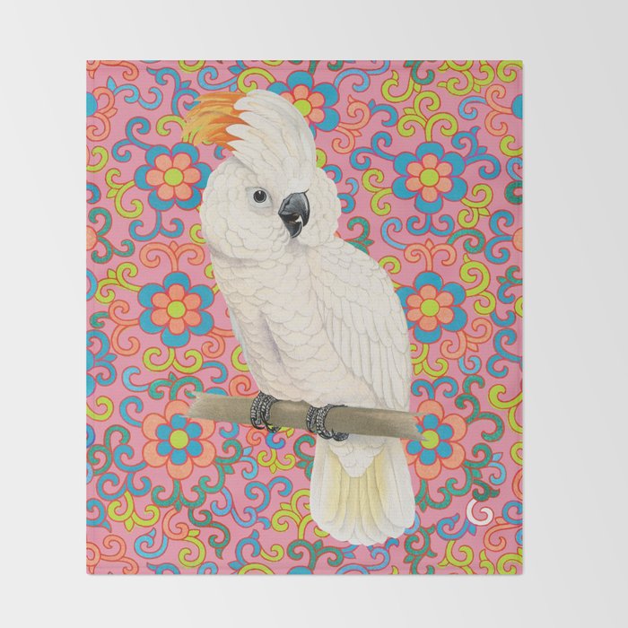 Funky Vintage Cockatoo on Retro Dopamine Floral Pattern Throw Blanket Gallery Image 2