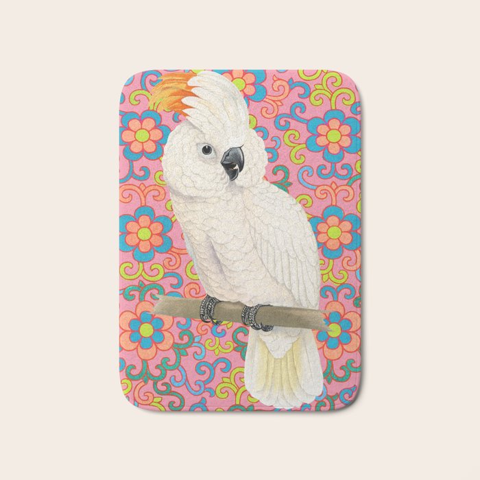 Funky Vintage Cockatoo on Retro Dopamine Floral Pattern Bath Mat Gallery Image 1