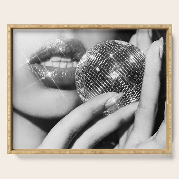 Disco Ball Female Lips - Black And White Modern Wall Art Photograph - Home Decor Serving Tray Gallery Image 1