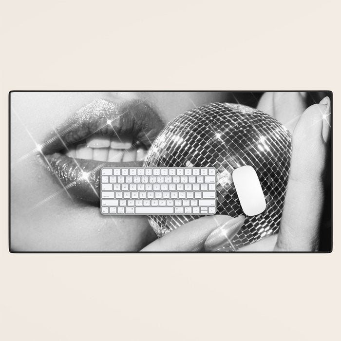 Disco Ball Female Lips - Black And White Modern Wall Art Photograph - Home Decor Desk Mat Gallery Image 1