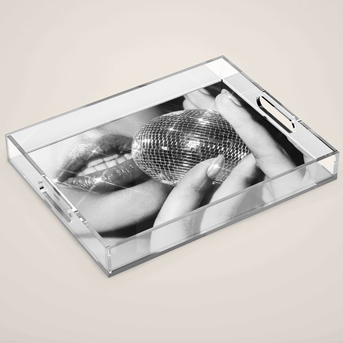 Disco Ball Female Lips - Black And White Modern Wall Art Photograph - Home Decor Acrylic Tray Gallery Image 1