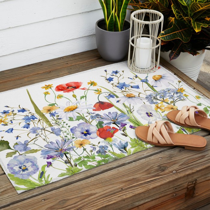 Scandinavian Colorful Midsummer Wildflowers Meadow  Outdoor Rug Gallery Image 2
