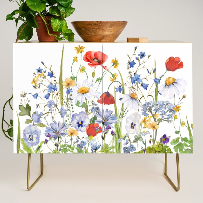 Scandinavian Colorful Midsummer Wildflowers Meadow  Credenza Gallery Image 1