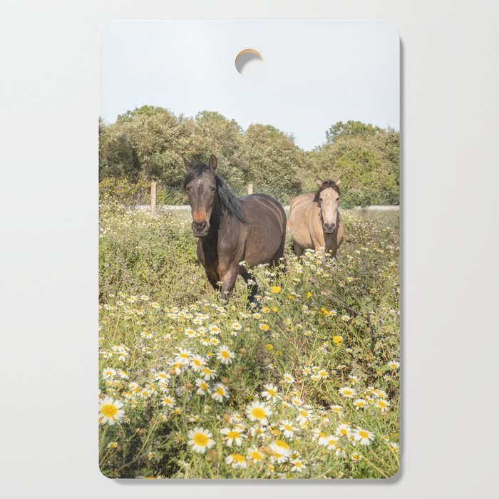 Horses in a Field of Wildflowers | Portugal Travel Art Print | Animal Photography in Europe Cutting Board Gallery Image 1