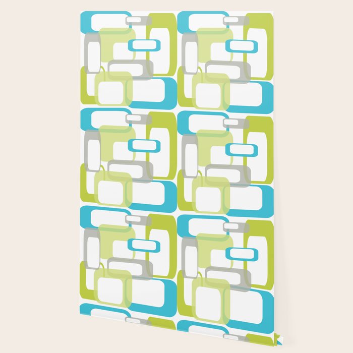 Mid-Century Modern Rectangle Design Blue Green and Gray Wallpaper Gallery Image 2