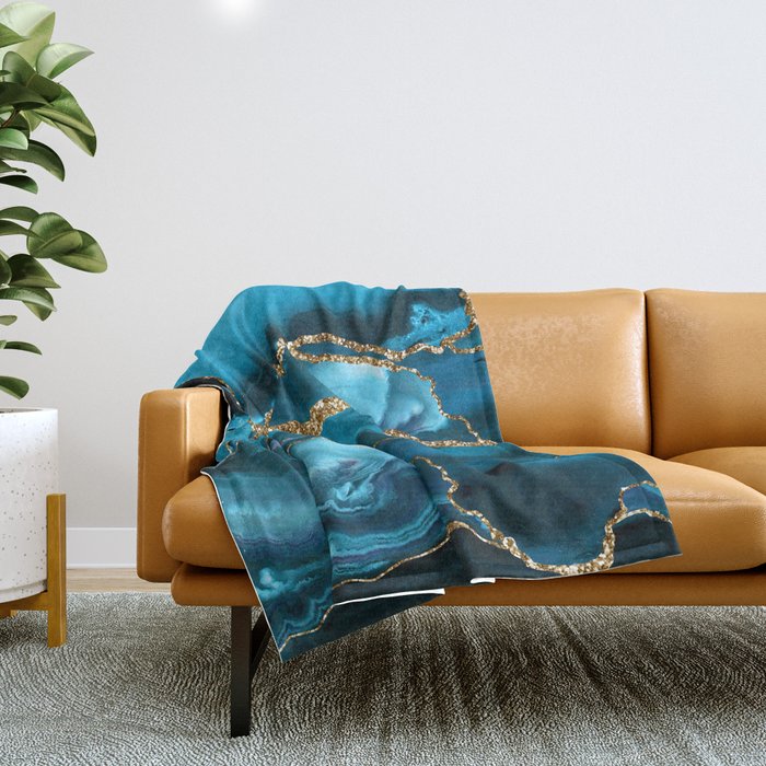 Abstract  Iceblue  And Gold Emerald Marble Landscape  Throw Blanket Gallery Image 1