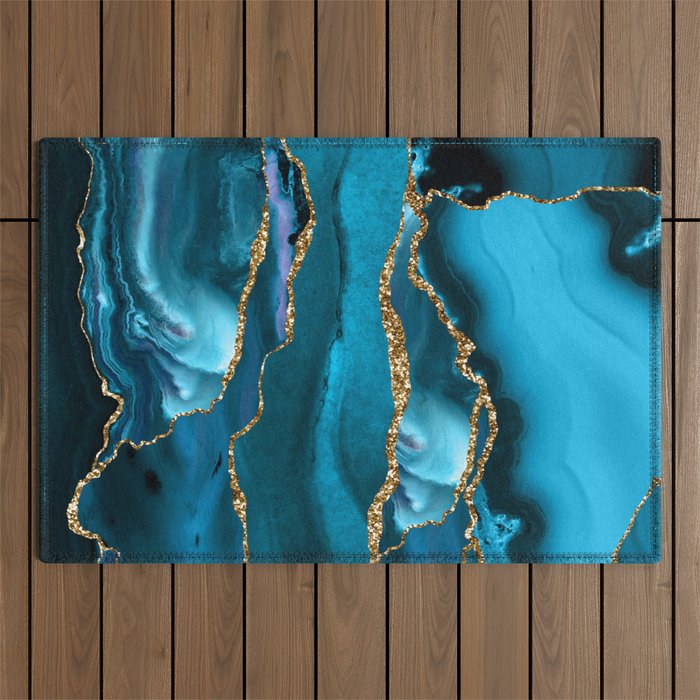 Abstract  Iceblue  And Gold Emerald Marble Landscape  Outdoor Rug Gallery Image 1