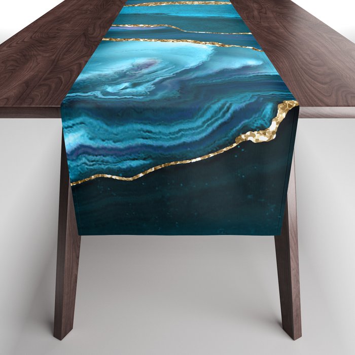 Abstract  Iceblue  And Gold Emerald Marble Landscape  Table Runner Gallery Image 1