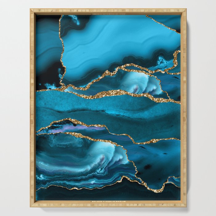 Abstract  Iceblue  And Gold Emerald Marble Landscape  Serving Tray Gallery Image 1