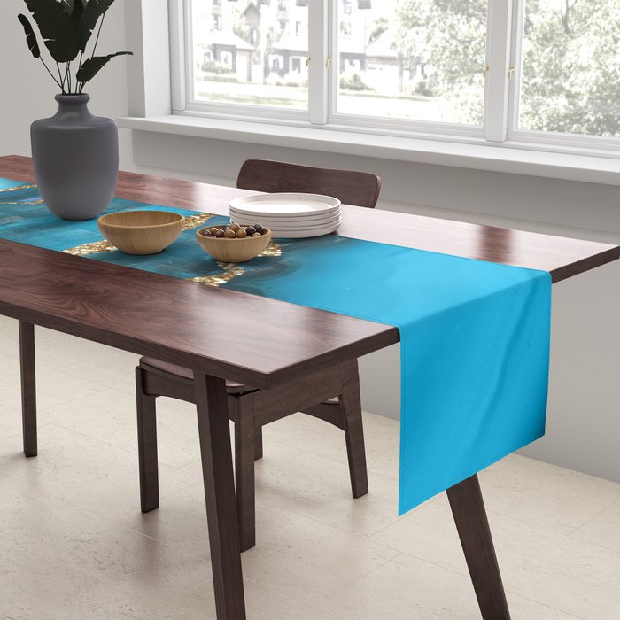 Abstract  Iceblue  And Gold Emerald Marble Landscape  Table Runner Gallery Image 2