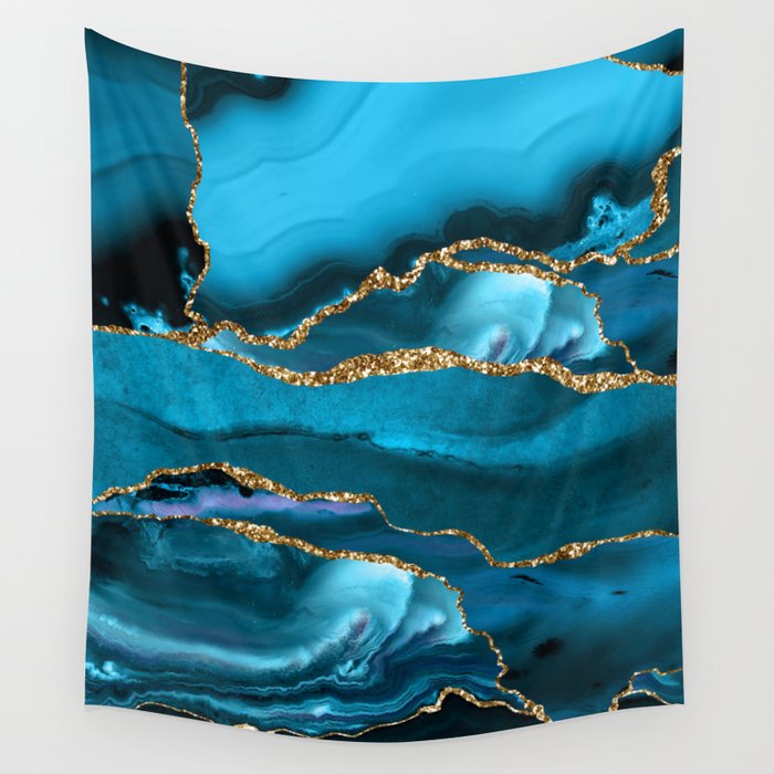 Abstract  Iceblue  And Gold Emerald Marble Landscape  Wall Tapestry Gallery Image 4