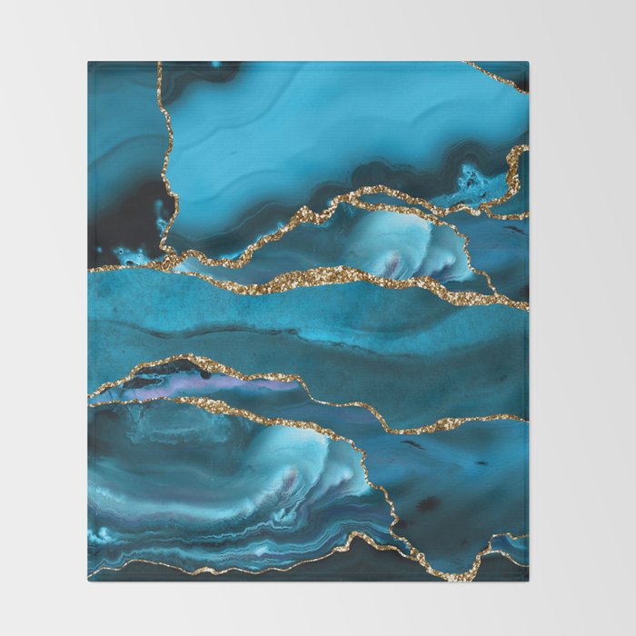 Abstract  Iceblue  And Gold Emerald Marble Landscape  Throw Blanket Gallery Image 2
